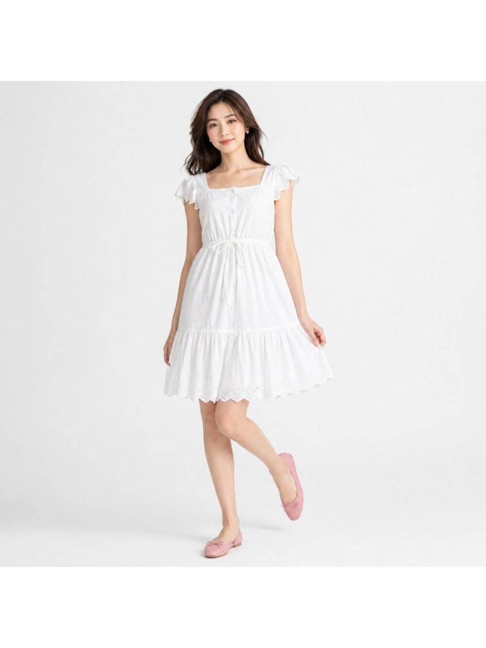 Old Navy White Embroidered Eyelet Dress With Ruffled Sleeves & Tie-Belt  Medium